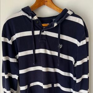 Chaps Men's Striped Navy Blue and White Hoodie Shirt